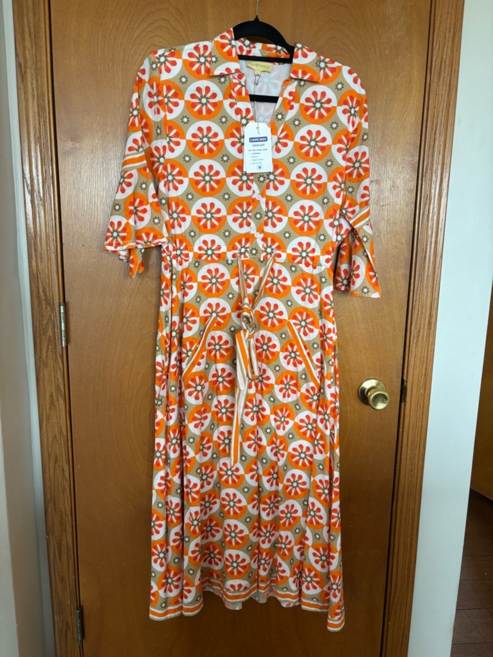 Retro Floral Tie-Waist Midi Dress in Orange and Cream